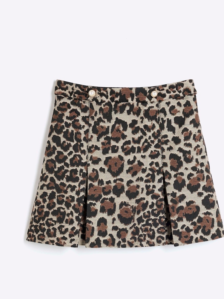 River Island Brown Girls Leopard Print Pleated 100% Cotton Skirt - Image 1 of 4