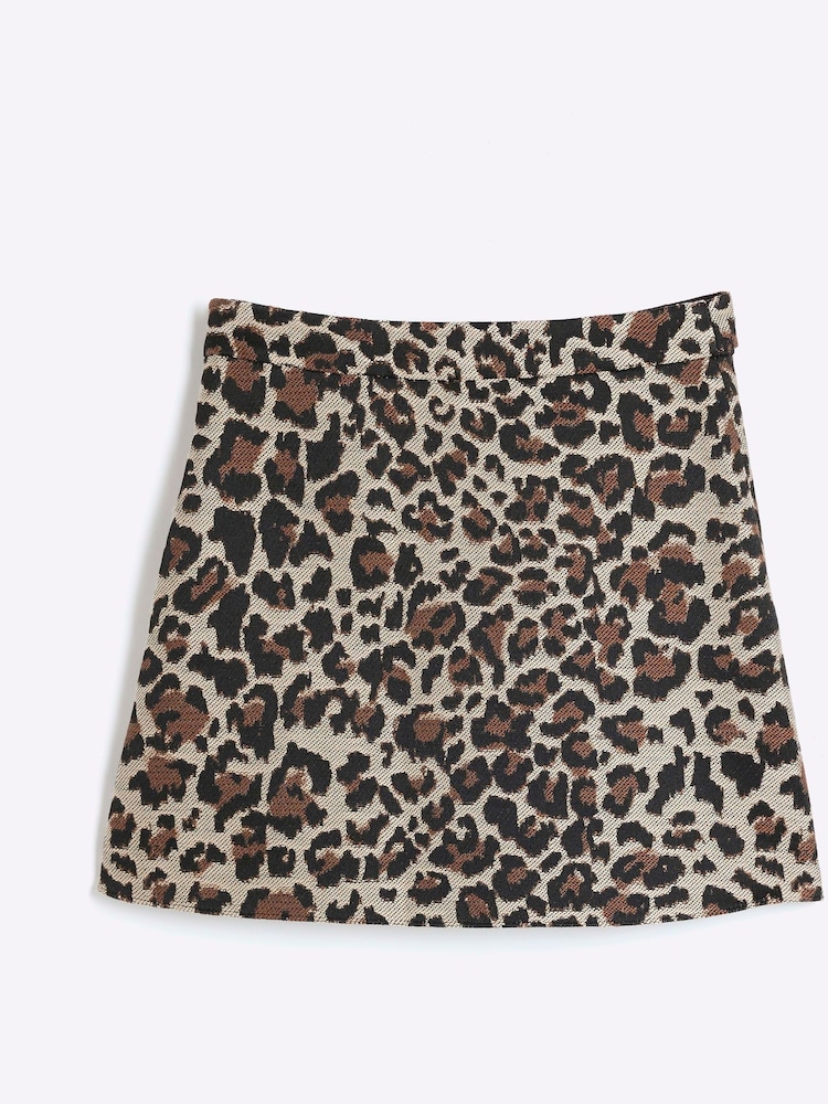 River Island Brown Girls Leopard Print Pleated 100% Cotton Skirt - Image 2 of 4