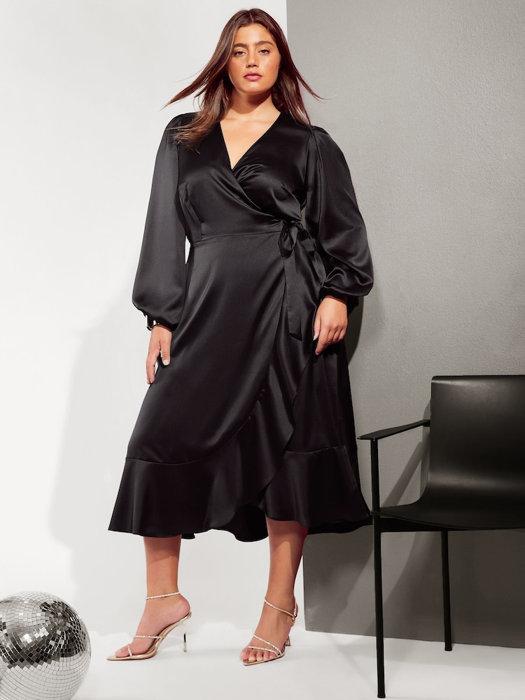 Friends Like These Black Curve Long Sleeve Satin Ruffle Midi Dress - Image 1 of 4
