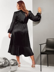 Friends Like These Black Curve Long Sleeve Satin Ruffle Midi Dress - Image 3 of 4
