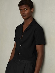 Reiss Black Hunt Textured Cuban Collar Shirt - Image 1 of 7