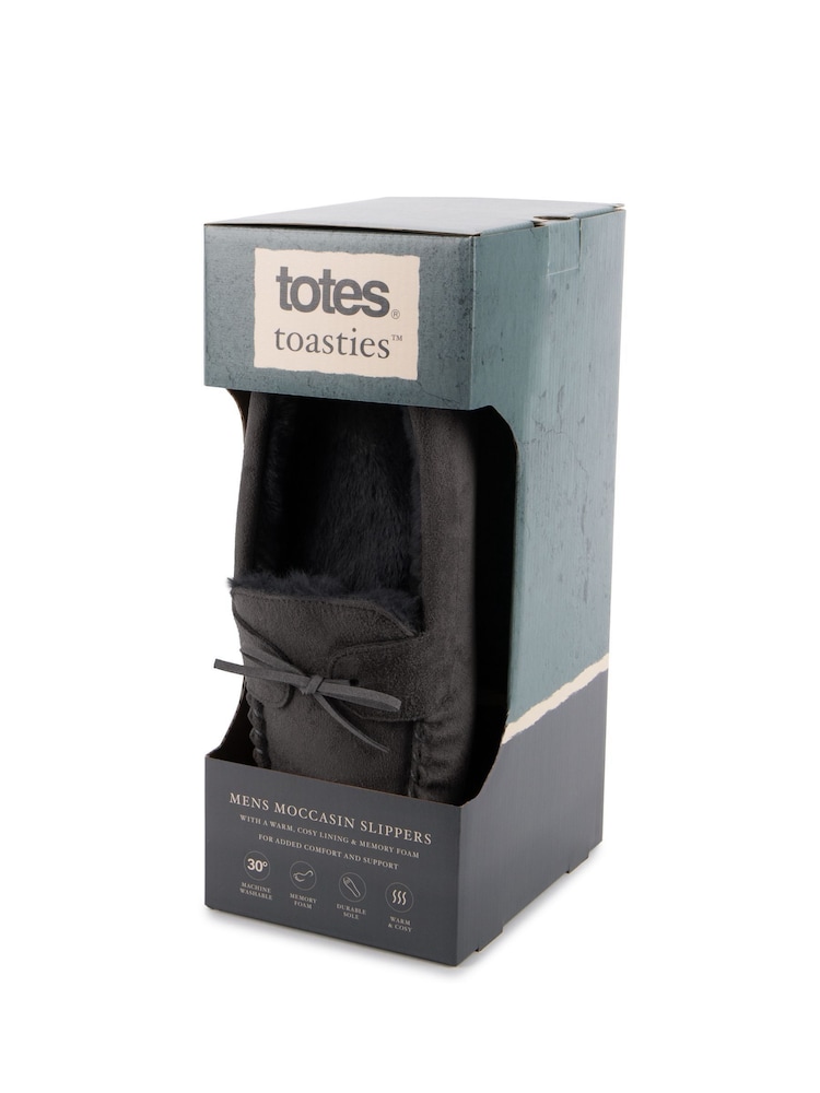 Totes Grey Mens Suedette Moccasin Slippers - Image 2 of 5