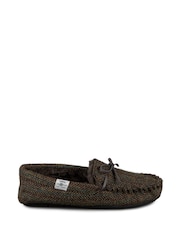 Totes Brown Mens Woven Wool Mix Winter Moccasin Slippers - Image 2 of 5