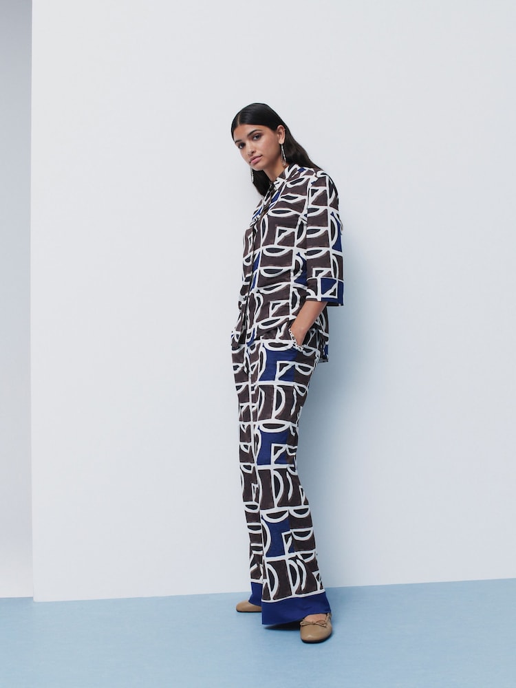 Blue/Brown Geo Print Wide Leg Jersey Trousers - Image 1 of 8