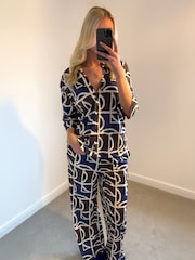 Blue/Brown Geo Print Wide Leg Jersey Trousers - Image 2 of 8