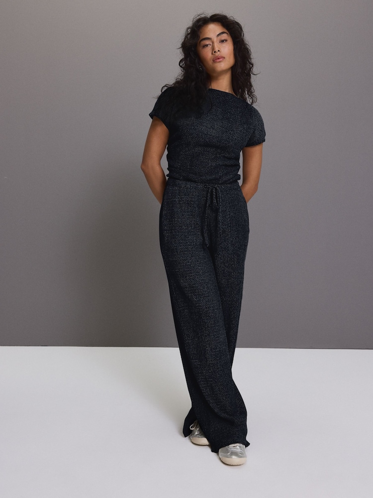 Navy Wide Leg Drawstring Textured Trousers - Image 1 of 6 Navy Wide Leg Drawstring Textured Trousers - Image 1 of 6