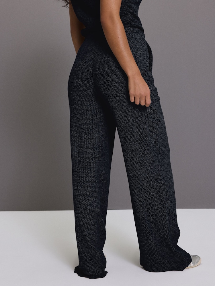 Navy Wide Leg Drawstring Textured Trousers - Image 2 of 6