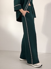 Green/White Piping Detail Crepe Wide Leg Trousers - Image 2 of 7