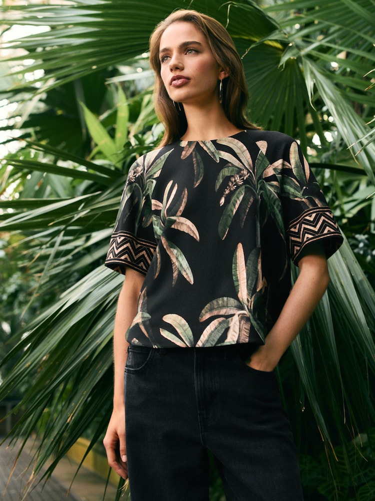 Black Palm Print Kew Collection Crepe Short Sleeve Boxy T-Shirt - Image 1 of 8