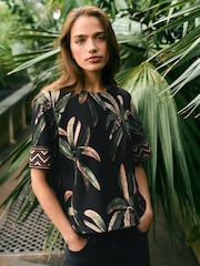Black Palm Print Kew Collection Crepe Short Sleeve Boxy T-Shirt - Image 2 of 8