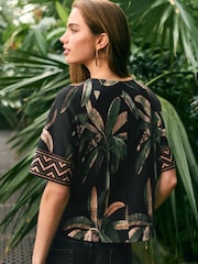 Black Palm Print Kew Collection Crepe Short Sleeve Boxy T-Shirt - Image 3 of 8