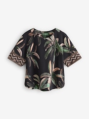 Black Palm Print Kew Collection Crepe Short Sleeve Boxy T-Shirt - Image 8 of 8
