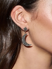 Mood Gold Tone Black Star And Moon Drop Earrings - Image 2 of 3