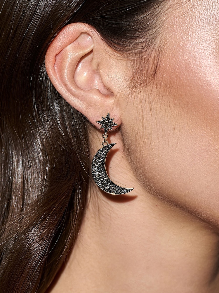 Mood Gold Tone Black Star And Moon Drop Earrings - Image 2 of 3