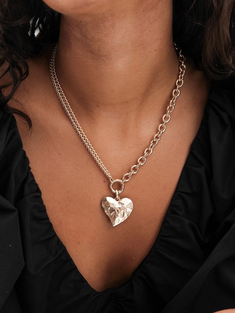 Mood Gold Tone Hammered Matte Twisted Heart Double Chain Necklace - Image 2 of 3