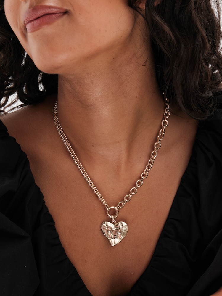 Mood Gold Tone Hammered Matte Twisted Heart Double Chain Necklace - Image 3 of 3