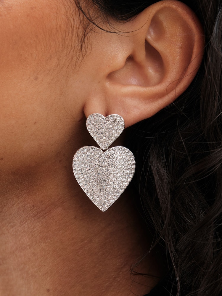 Mood Silver Crystal Heart Stud Drop Earrings - Image 2 of 3