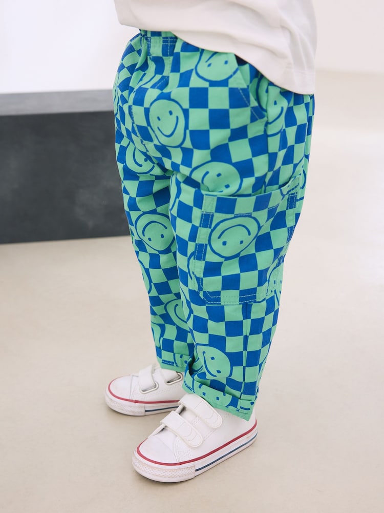 Blue/Green Checkerboard Side Pocket 100% Cotton Pull On Trousers (3mths-7yrs) - Image 1 of 1