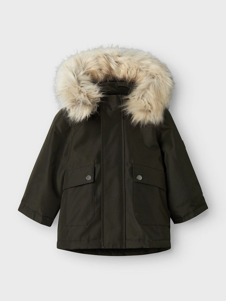 Name It Green Boys Parka Coat With Faux Fur Hood - Image 1 of 4