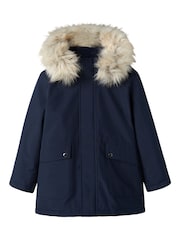 Name It Blue Boys Parka Coat With Faux Fur Hood - Image 1 of 6