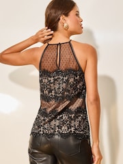 Lipsy Black Lace Dobby Sequin Halter Vest Top - Image 4 of 4