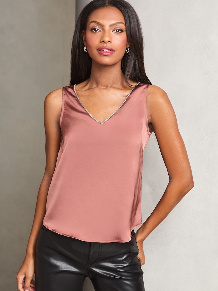 Lipsy Pink Petite V Neck Satin Trim Vest - Image 1 of 4