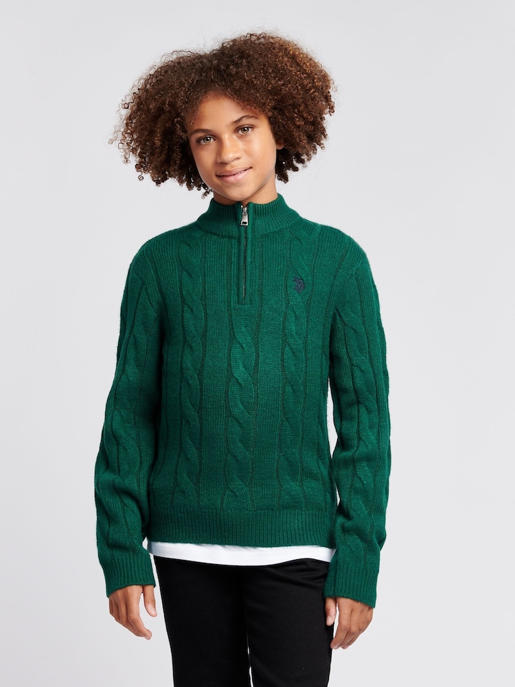 U.S. Polo Assn. Green Boys Cable Knit Funnel Neck Jumper - Image 1 of 7