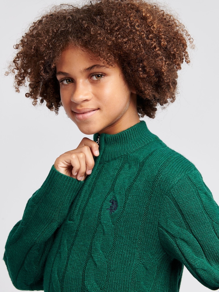 U.S. Polo Assn. Green Boys Cable Knit Funnel Neck Jumper - Image 4 of 7