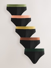 Black Green/Rust Textured Waistband 5 Pack Cotton Rich Briefs - Image 1 of 9