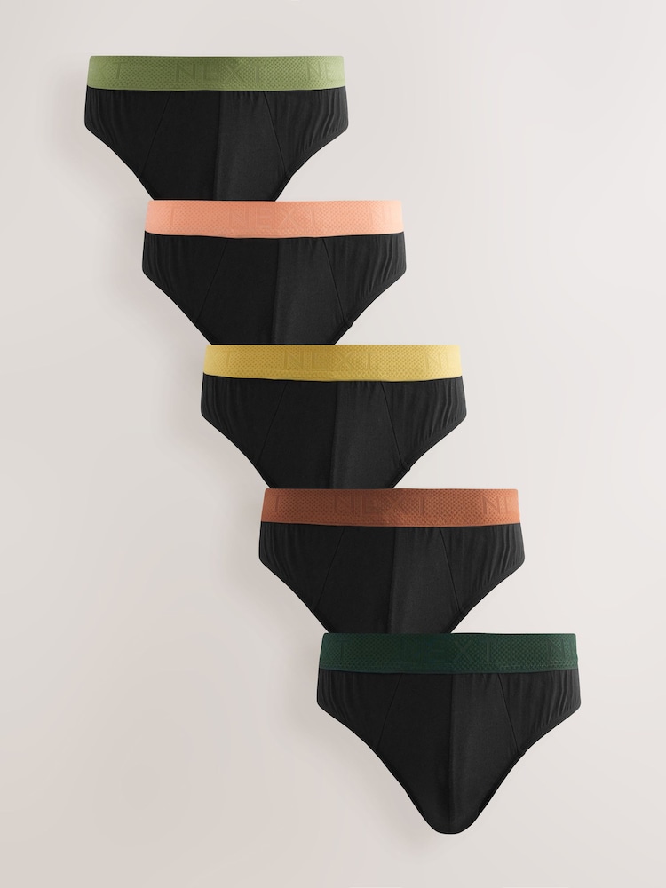 Black Green/Rust Textured Waistband 5 Pack Cotton Rich Briefs - Image 1 of 9