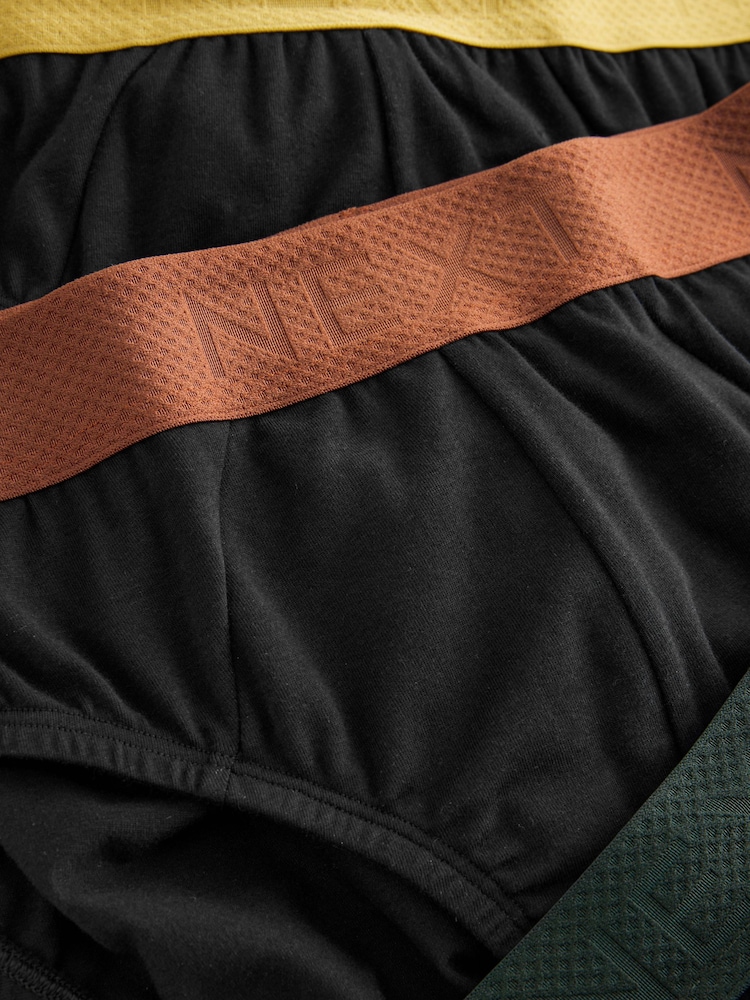 Black Green/Rust Textured Waistband 5 Pack Cotton Rich Briefs - Image 9 of 9