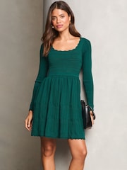 Lipsy Green Long Sleeve Stitch Detail Lantern Knitted Dress - Image 1 of 4