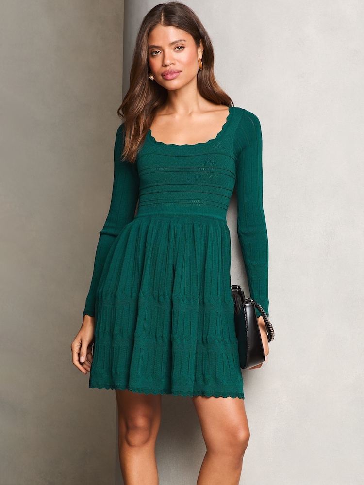 Lipsy Green Long Sleeve Stitch Detail Lantern Knitted Dress - Image 1 of 4