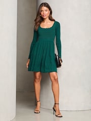 Lipsy Green Long Sleeve Stitch Detail Lantern Knitted Dress - Image 3 of 4
