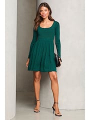 Lipsy Green Long Sleeve Stitch Detail Lantern Knitted Dress - Image 7 of 8