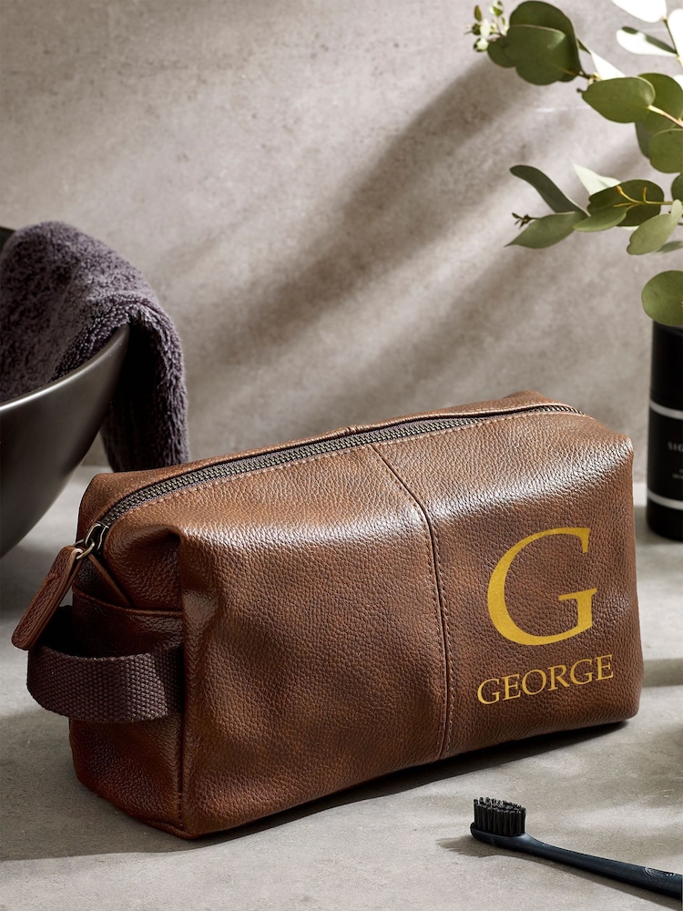 Personalised Name & Initiall Mens Tan Washbag - Image 1 of 4