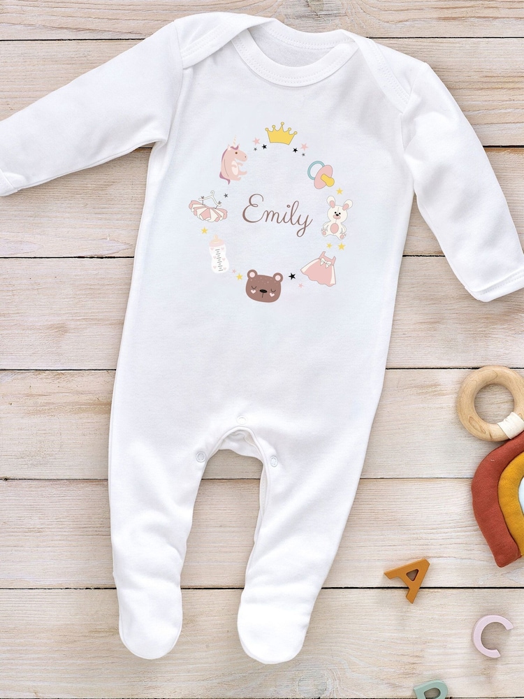 Little Years Girly Personalised All Things Icon 100% Cotton White Sleepsuit - Image 1 of 2