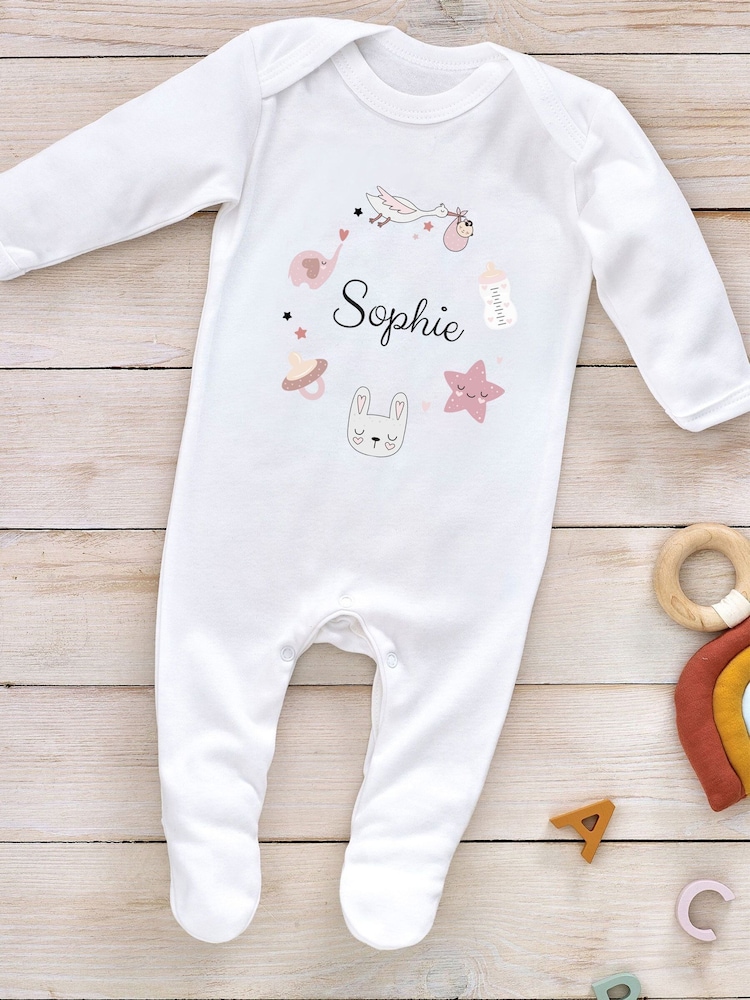 Little Years Girly Personalised All Things Icon 100% Cotton White Sleepsuit - Image 2 of 2