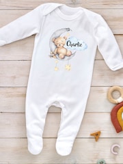 Little Years Personalised Moon And Stars 100% Cotton White Sleepsuit - Image 1 of 1