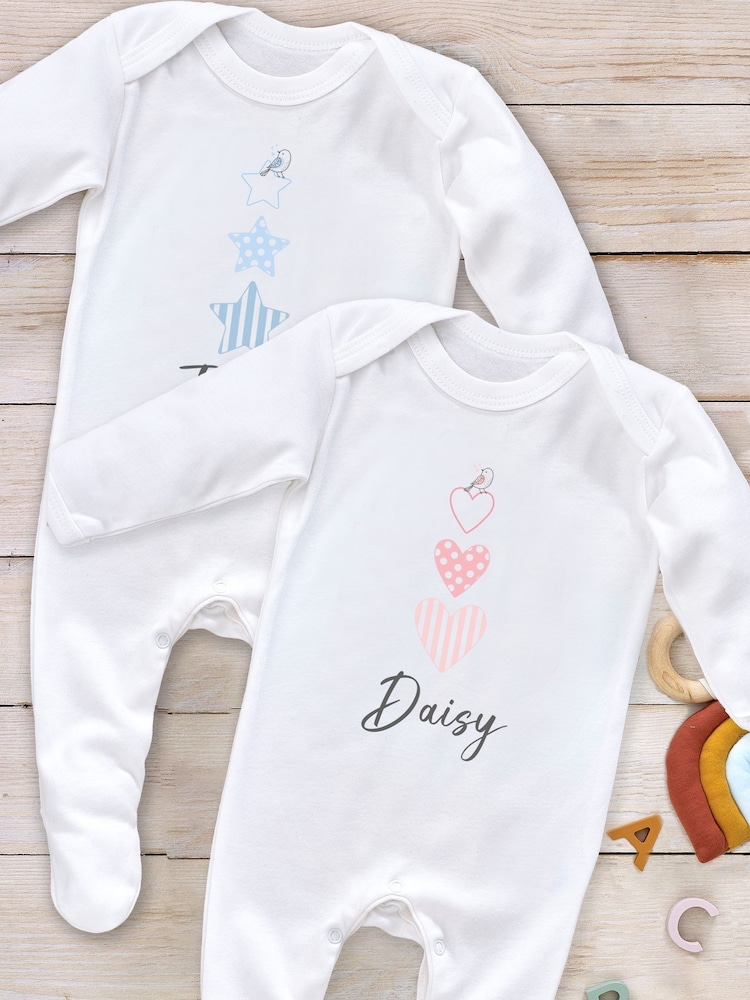 Little Years Babys Personalised Stars And Hearts White Sleepsuit - Image 1 of 3