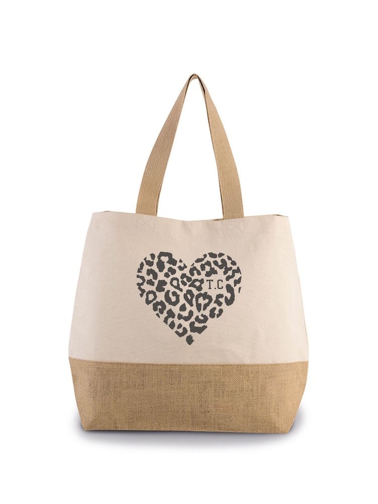 Loveabode Natural Personalised Leopard Print Heart & Initial Jute 100% Cotton Bag - Image 1 of 4