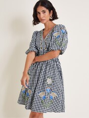 Monsoon Black Bria Embroidered 100% Cotton Gingham Mini Dress - Image 1 of 5