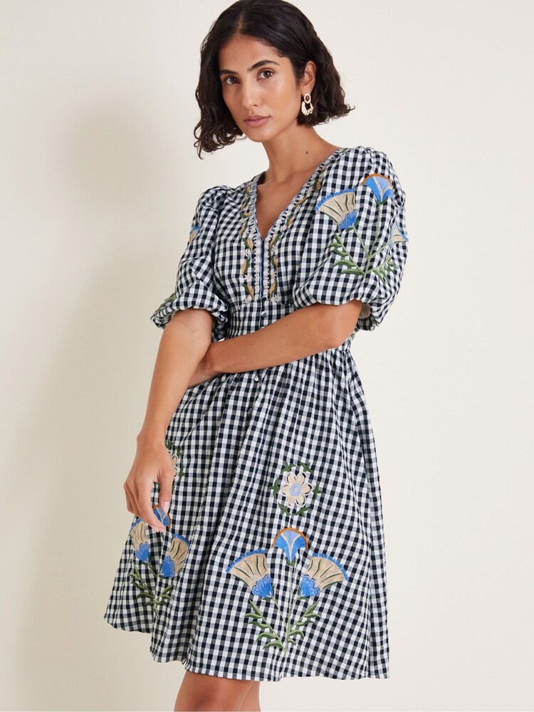 Monsoon Black Bria Embroidered 100% Cotton Gingham Mini Dress - Image 1 of 5