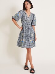 Monsoon Black Bria Embroidered 100% Cotton Gingham Mini Dress - Image 2 of 5