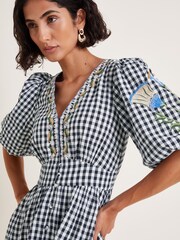 Monsoon Black Bria Embroidered 100% Cotton Gingham Mini Dress - Image 4 of 5