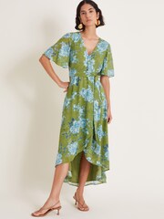 Monsoon Green Eva Floral Wrap Midi Dress - Image 1 of 3