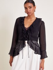 Monsoon Black Fiona Sheer Frill Tie-Front Blouse - Image 1 of 6