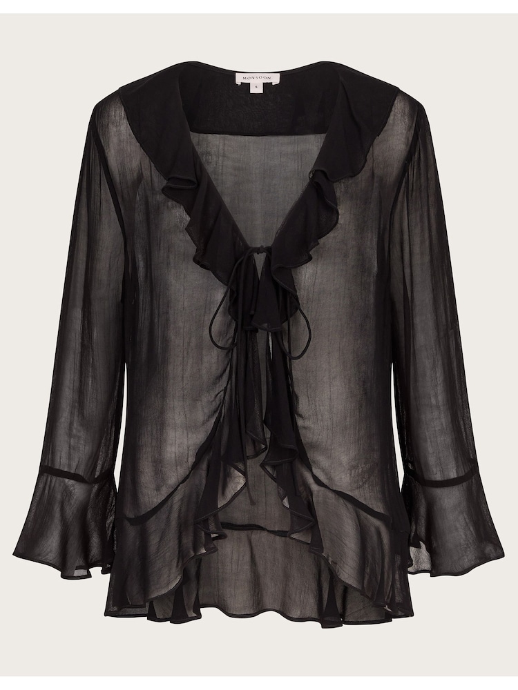 Monsoon Black Fiona Sheer Frill Tie-Front Blouse - Image 6 of 6