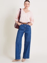 Monsoon Pink Ivy Floral Embroidered Blouson 100% Cotton Blouse - Image 1 of 4