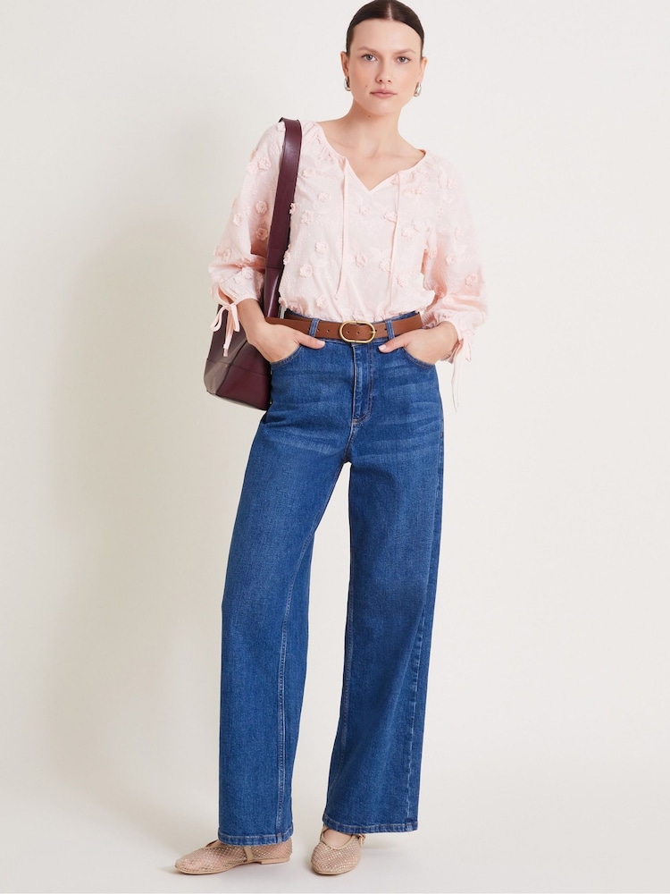 Monsoon Pink Ivy Floral Embroidered Blouson 100% Cotton Blouse - Image 1 of 4